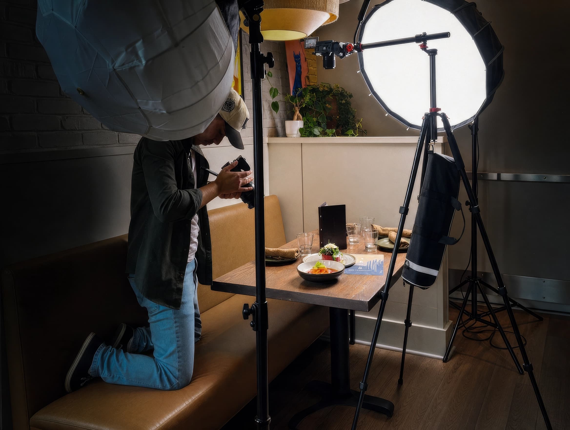 BTS wide shot — camera, chef plating, warm restaurant lighting